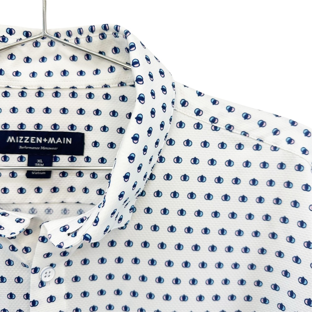 MIZZEN + MAIN Geometric Print Performance Button Up • XL Trim • white blue pink